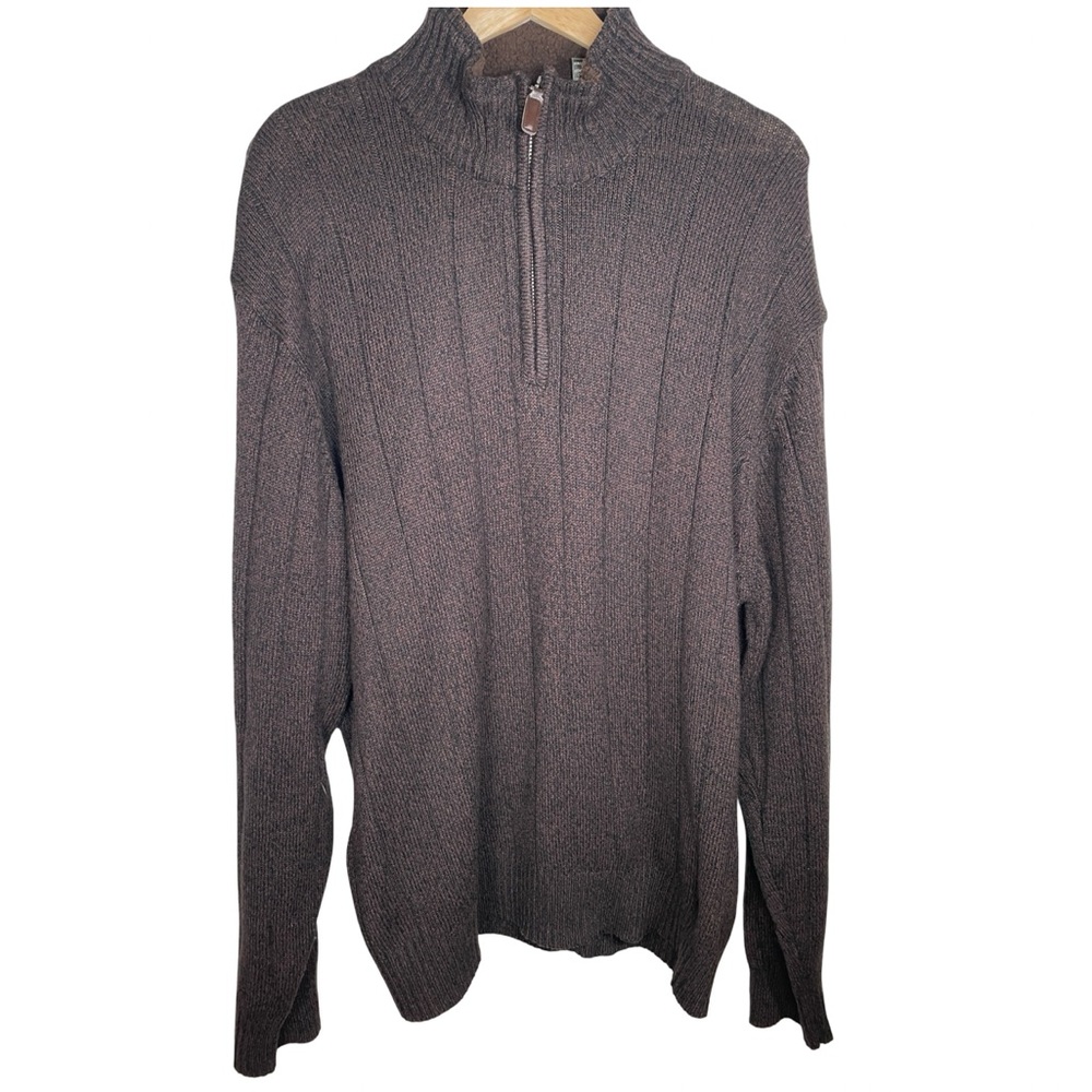 Oscar de la Renta Men's Dark Brown Zip-Up Sweater with fleece trim quarter zip